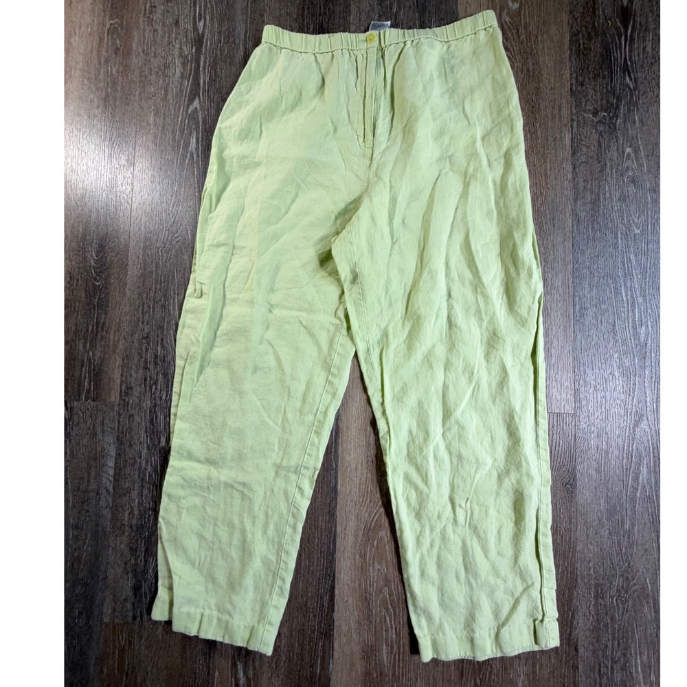 Talbots Irish Linen Pants Womens 14 Green Elastic Waist Straight Leg Trousers